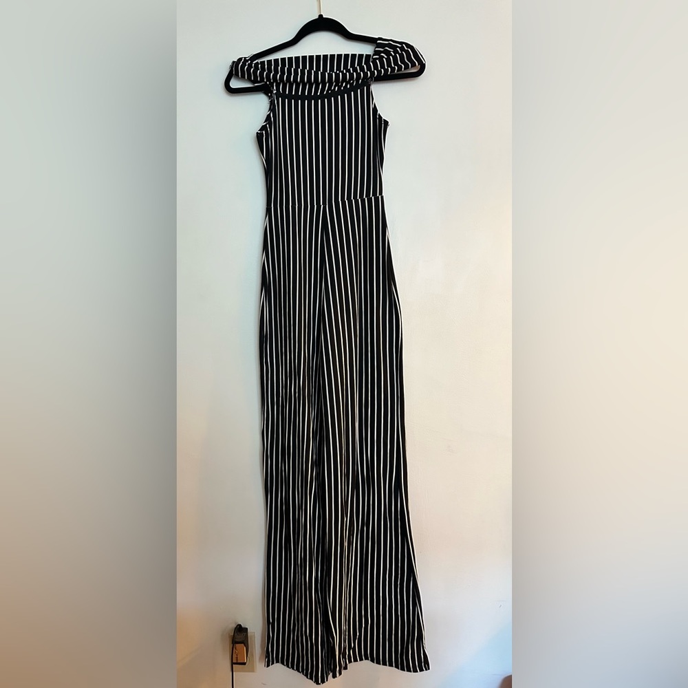 DIosa Black and White Striped Off the Shoulder Jumpsuit.